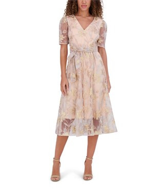 Embroidered Lace Mesh V-Neck Short Sleeve Self Tie Belt A-Line Midi Dress | Dillard's