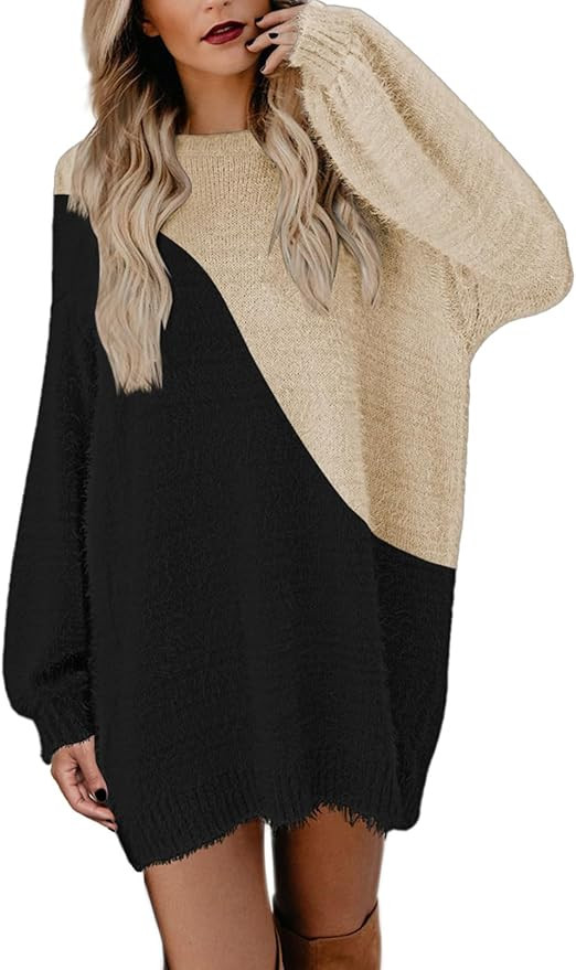Cutiefox Women's Furry Oversized Crew Neck Pullover Sweater Mini Dress | Amazon (US)
