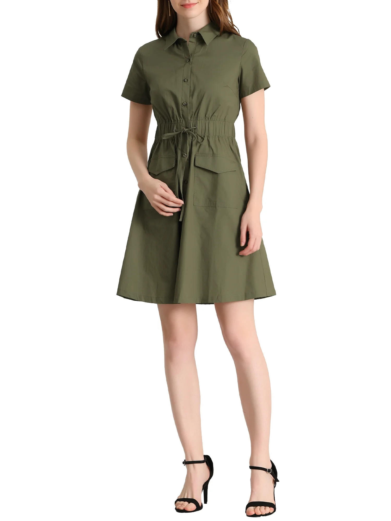 Allegra K Women's Fit and Flare Collar Pocket Elastic Waist Mini Dress | Walmart (US)