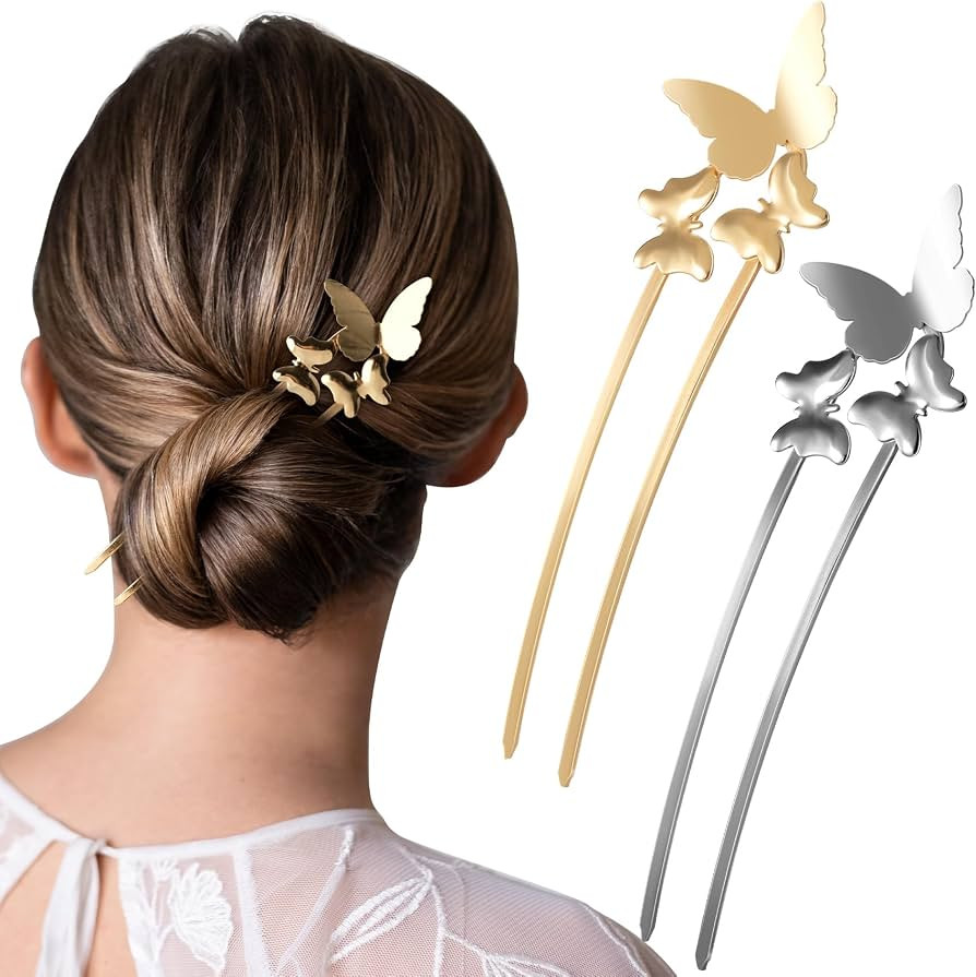 2pcs Butterfly U Shaped Hair Pins Metal French Retro Hair Fork Chopsticks for Women Girls All Hai... | Amazon (US)