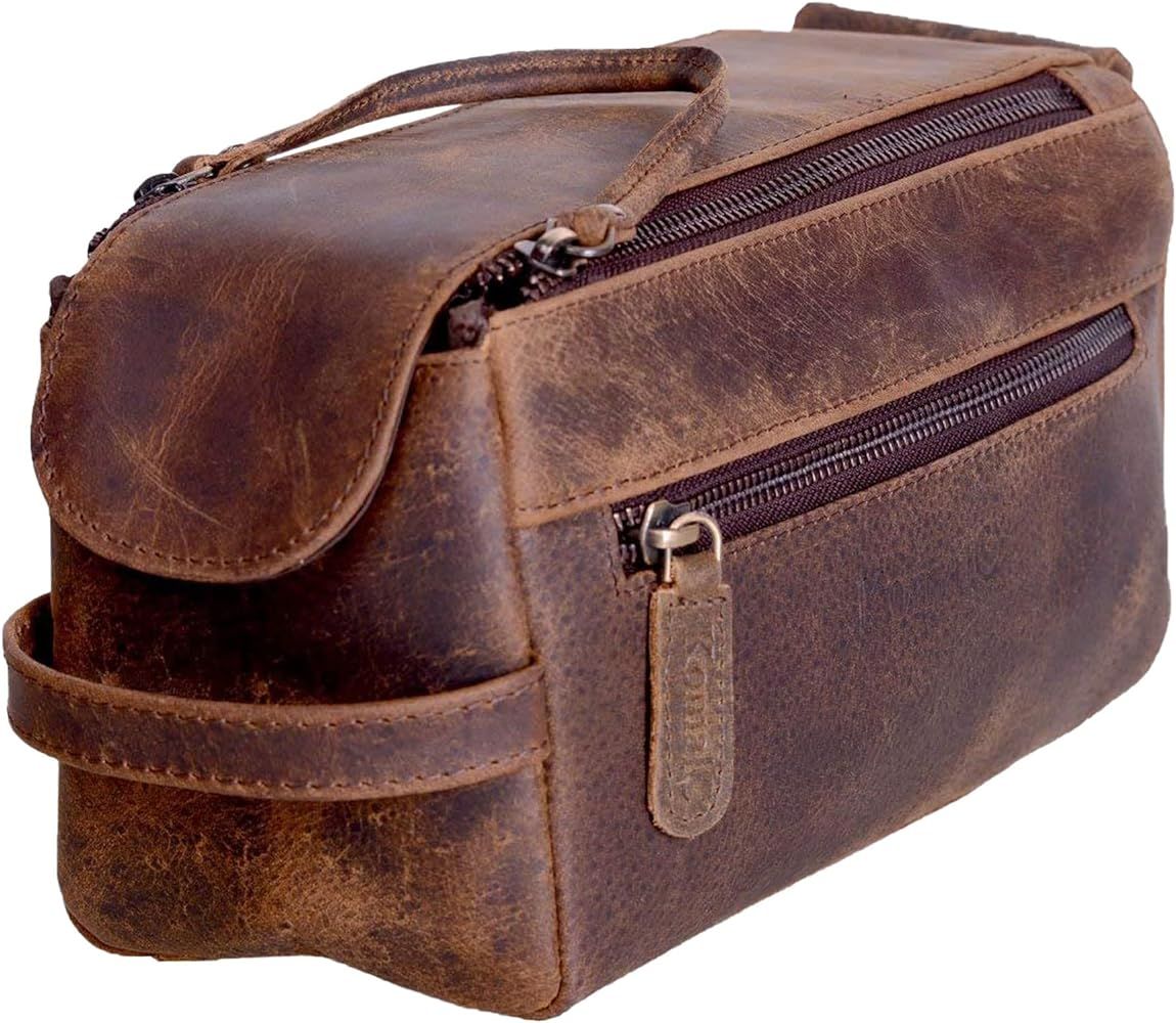 KOMALC Premium Buffalo Leather Unisex Toiletry Bag Travel Dopp Kit (Distressed Tan) | Amazon (UK)