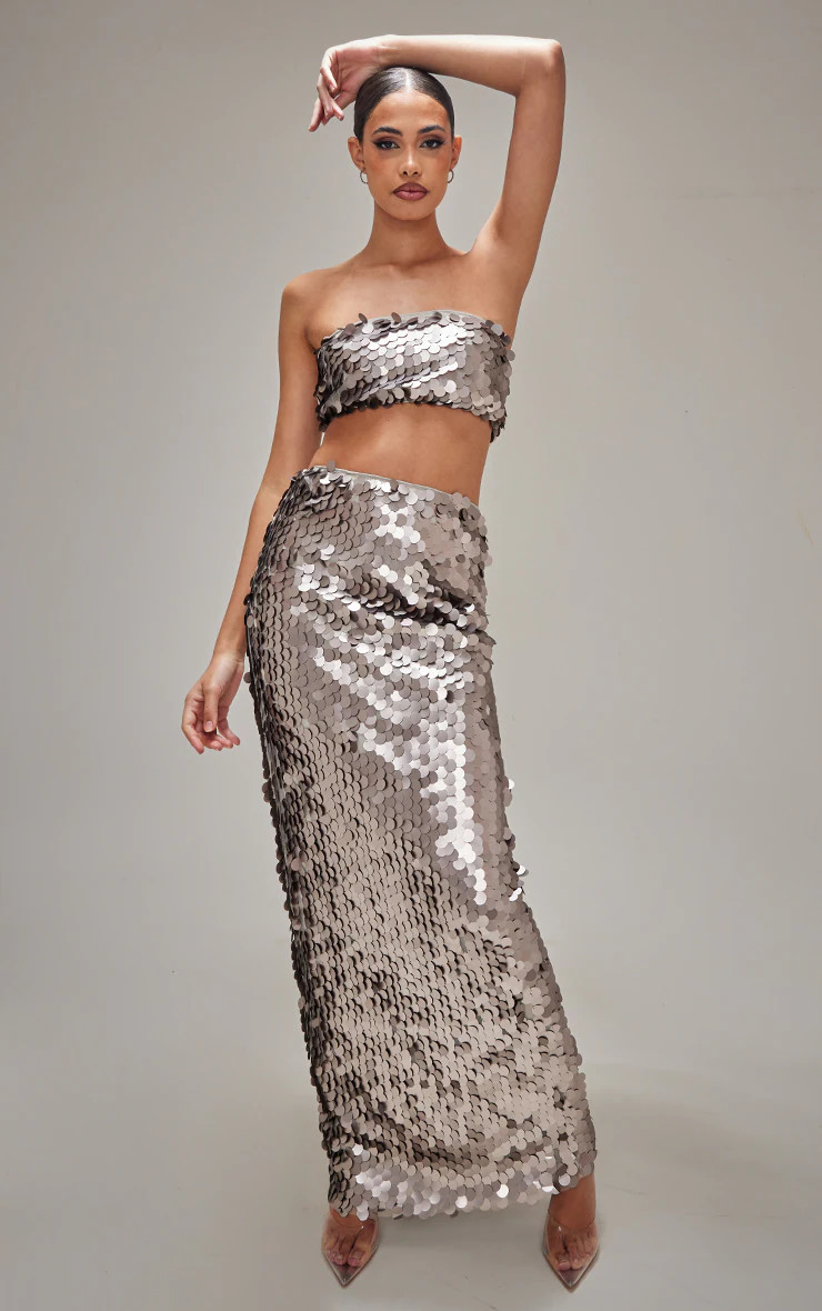 Tall Silver Matte Sequin Maxi Skirt | PrettyLittleThing US