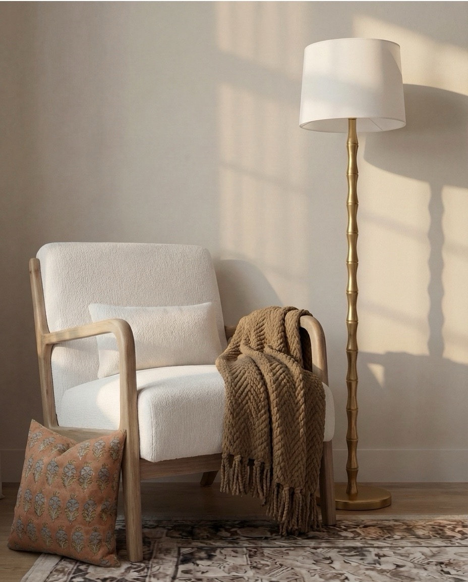 Shop the Look:
• Dark wood bed frame with curved headboard
• Crisp white bedding set (duvet + sheets)
• Warm brown accent pillows
• Textured knit or woven throw blanket (camel/brown)
• Ivory boucle bench stools (set of two)
• Vintage-style patterned area rug (neutral brown + taupe tones)
• Wood nightstands with drawers
• Table lamps with white drum shades
• Wall sconces with brass detail
• Framed landscape artwork above bed
• Organic-shaped wall mirrors (brass frame)
• Black fluted dresser with brass hardware
• Round brass wall mirror
• Sculptural white ceramic bowl
• Decorative books with wood bead garland
• Neutral ceramic vase with dried branches
• Upholstered accent chair (cream fabric, wood frame)
• Slim brass floor lamp with white shade

#LTKHome #LTKSaleAlert