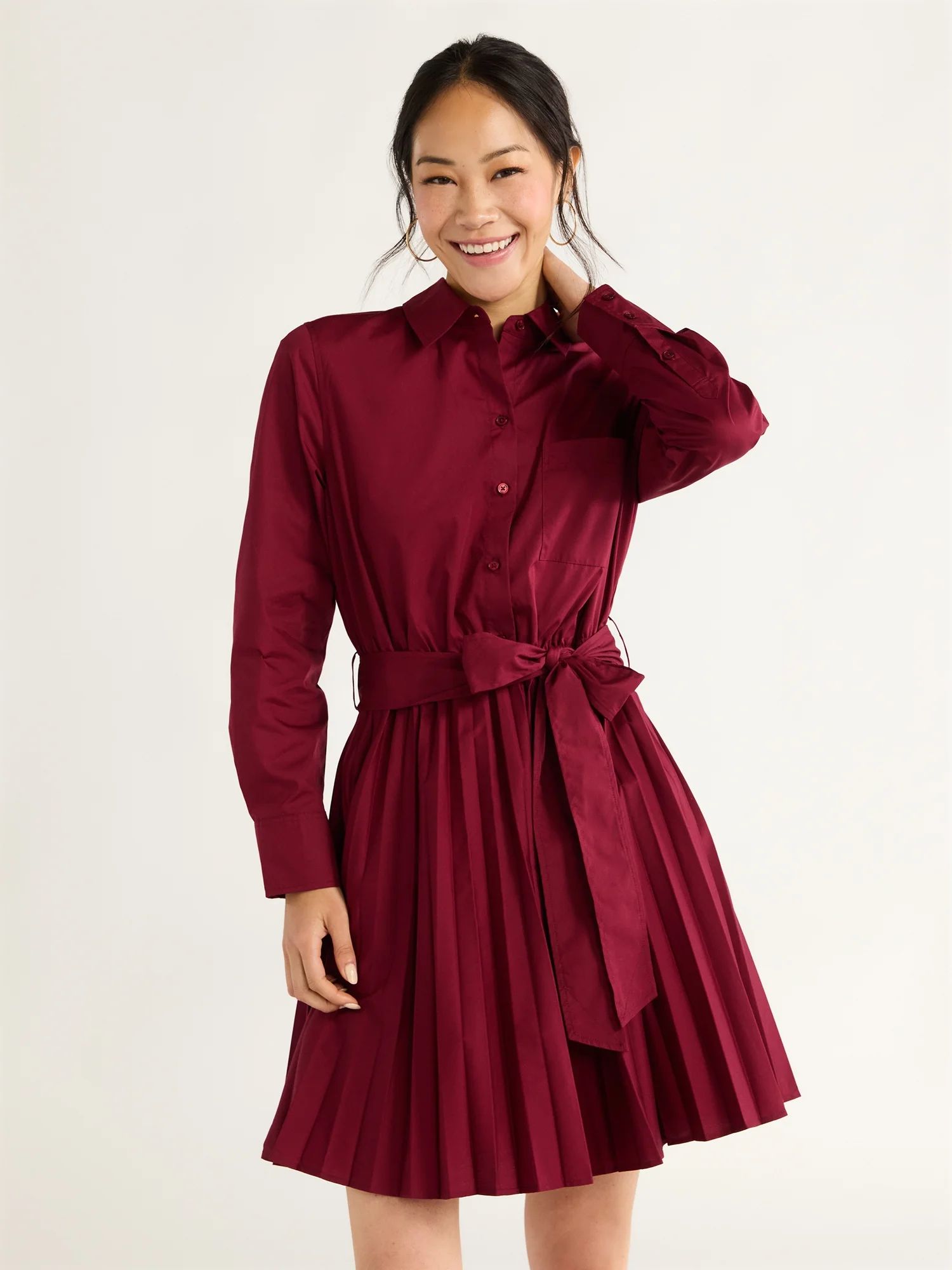 Free Assembly Women’s Pleated Mini Shirtdress with Long Sleeves, Size XS-XXL - Walmart.com | Walmart (US)