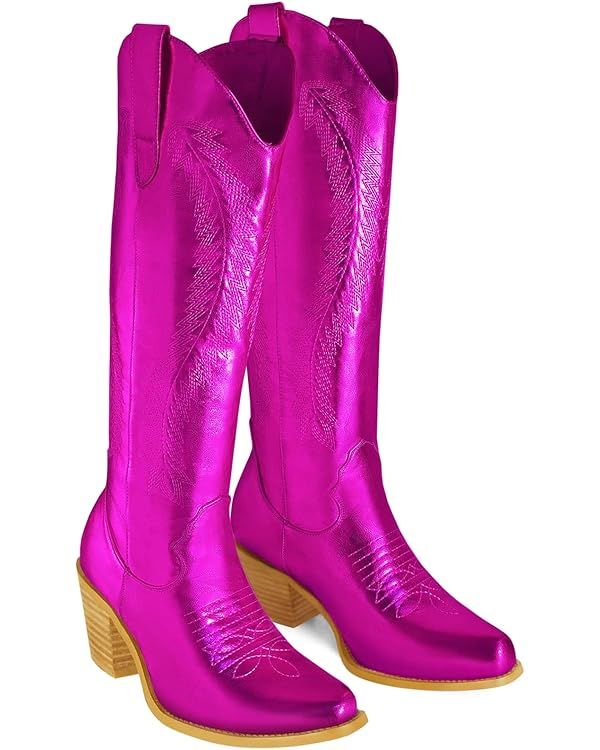 GOSERCE Metallic Knee High Cowboy Boots for Women Embroidered Ladies' Tall Western Cowgirl Boots ... | Amazon (US)