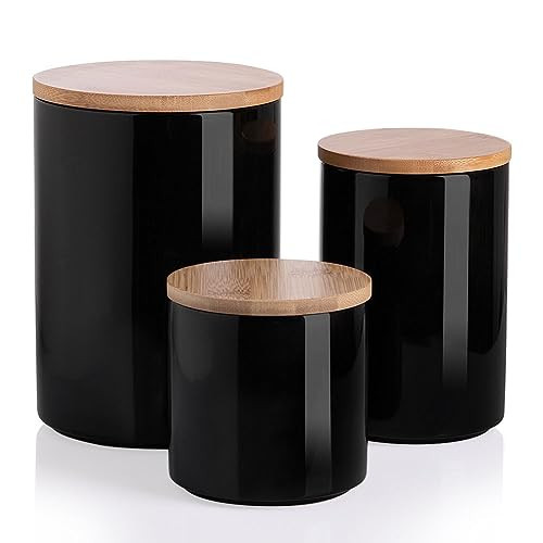 Sweejar Ceramic canisters for kitchen counter,Stackable Food Containers Set with Airtight Seal Bamboo Lid for Serving Ground Coffee, Tea, Spice, Flour and Sugar-Set of 3 (Black) | Amazon (US)
