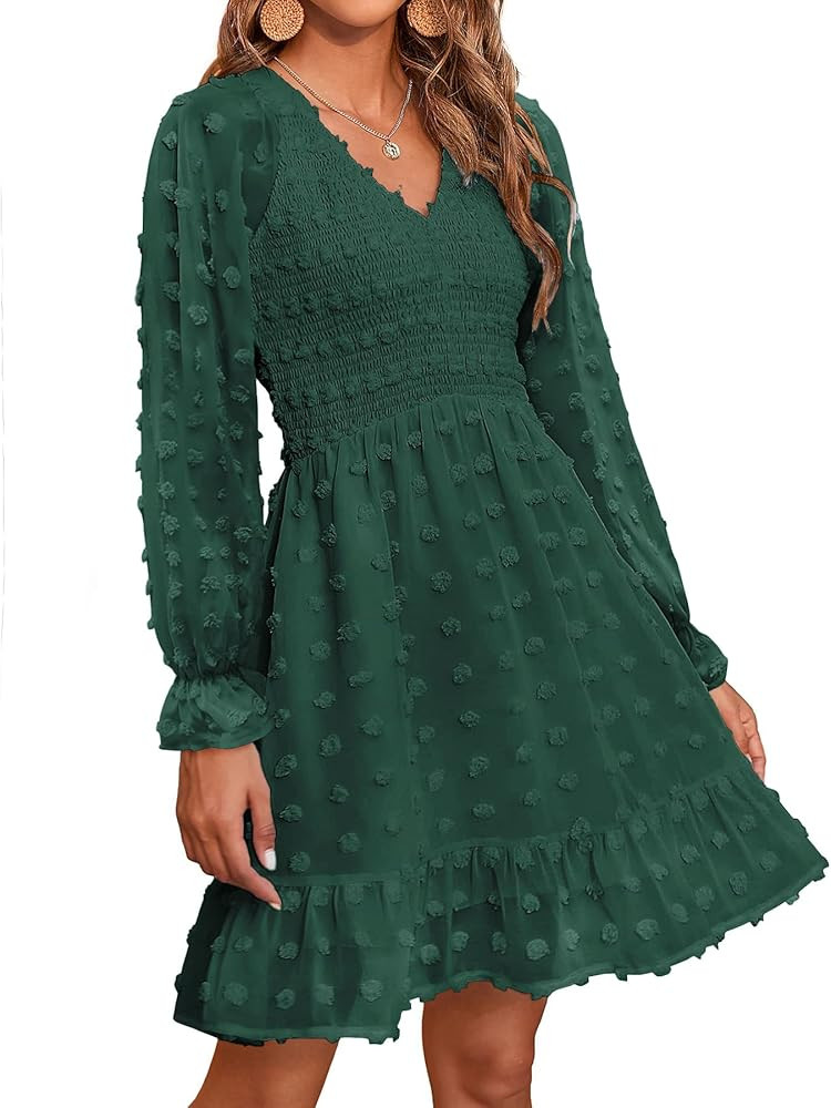 BTFBM Women Long Sleeve V Neck Smocked Short Dress Flowy Casual SwissDot Ruffle Mini Babydoll Sum... | Amazon (US)