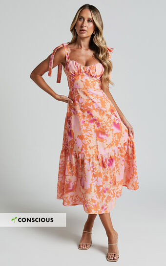 Amani Midi Dress - Tie Shoulder Bustier Flare Dress in Peach | Showpo (US, UK & Europe)