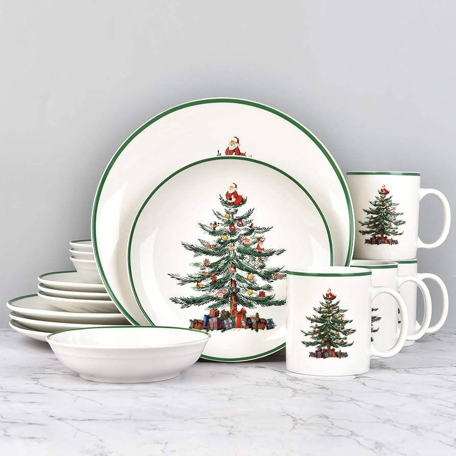 16 Piece Christmas Dishes Dinnerware sets, Christmas Tree Ceramic Dinnerware Set with Green Trim,... | Amazon (US)