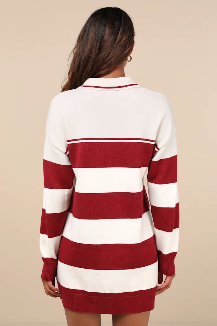 Stellar Cutie Ivory and Red Striped Collared Sweater Mini Dress | Lulus