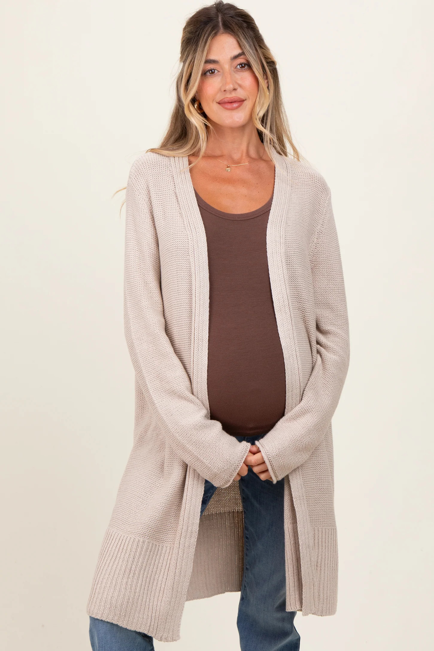 Beige Contrast Rib Long Maternity Open Cardigan | PinkBlush Maternity
