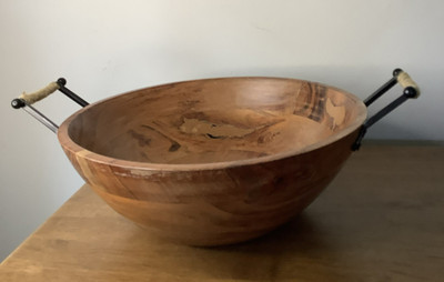 Rustic Wooden Serving Bowl with Rope & Metal Handles Large Farmhouse Style | eBay US