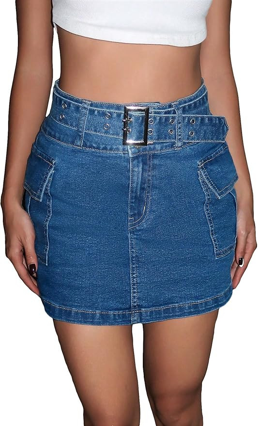 WDIRARA Women's High Waist Buckle Belted Jean Skirt Flap Pocket Bodycon Denim Mini Skirts | Amazon (US)