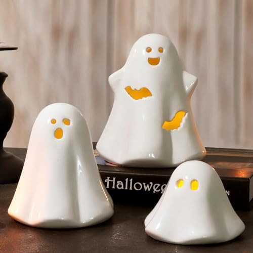 Pawliss Ceramic Ghost Halloween Decorations Indoor: 3PC White Light Up Ghost Figurine, Halloween Décor LED Ceramic Ghosts Tabletop Decoration for Family Kids Friendly Trick or Treat Party Supplies | Amazon (US)