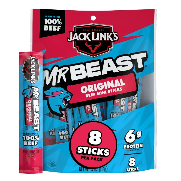 Jack Link’s x MrBeast Original Mini Beef Sticks, 4 ounce, 8 count of .5 ounce Mini Meat Sticks | Walmart (US)