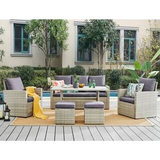 6-Piece Wicker Rattan Outdoor Patio Conversation Furniture Set with Coffee Table and Solid Cushio... | The Home Depot