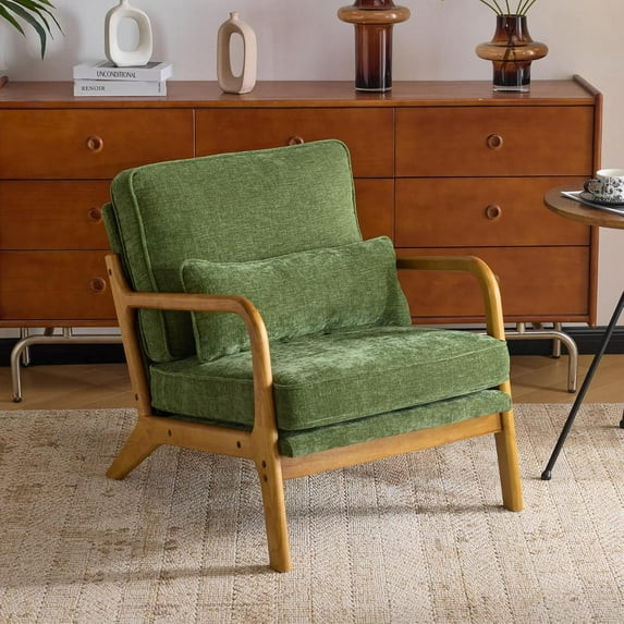 Karl home Mid Century Modern Accent Chair with Lumbar Pillow & Oak Arms – Plush Chenille Living... | Walmart (US)