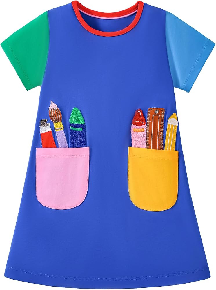 FreeLu Girls Cartoon Appliques Dress Cotton Summer Short Sleeve Dresses Casual Jersey Skirt | Amazon (US)