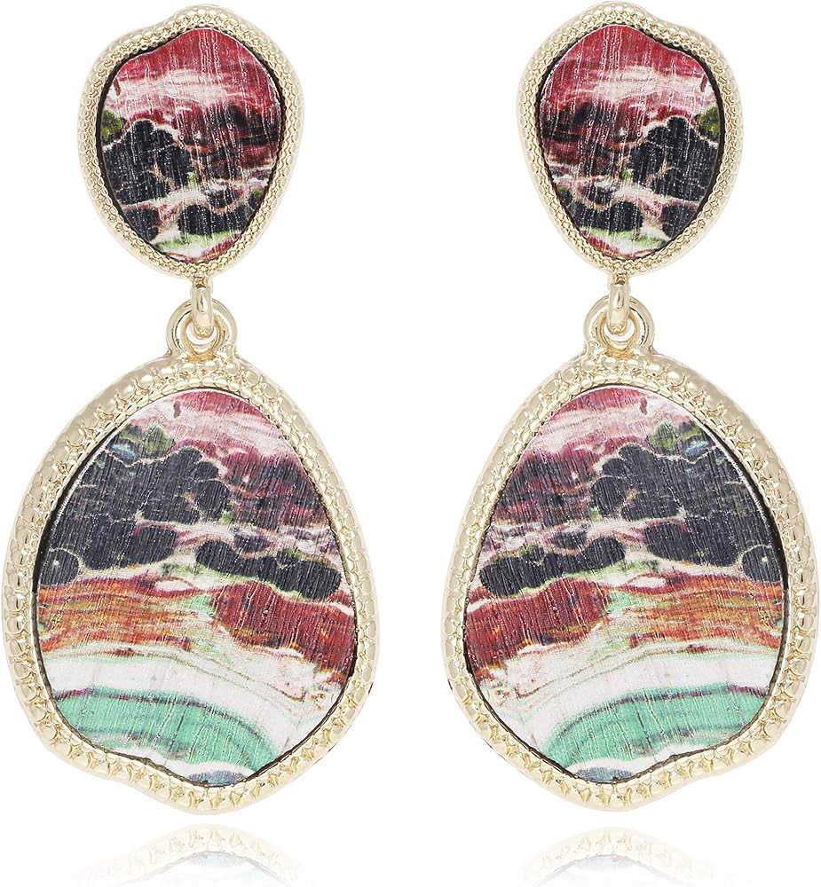 BONALUNA Bohemian Wood And Flower Printed Oval Shaped Drop Statement Earrings | Amazon (US)