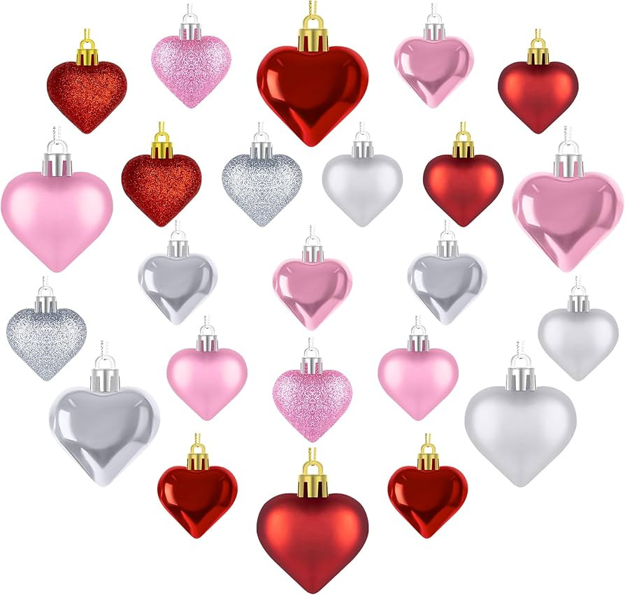 24pcs Valentines Day Heart Ornaments, Classic Red Pink Silver Heart Shaped Hanging Baubles with 2... | Amazon (US)