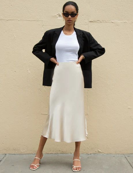 Rene Beige Satin Long Skirt | Pixie Market