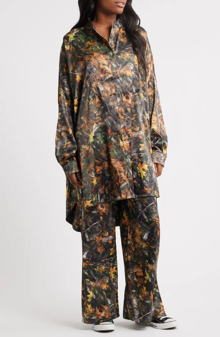 Dressed in Lala Camo Leaf Print Oversize Satin Button-Up Shirt & Pants Set | Nordstrom | Nordstrom