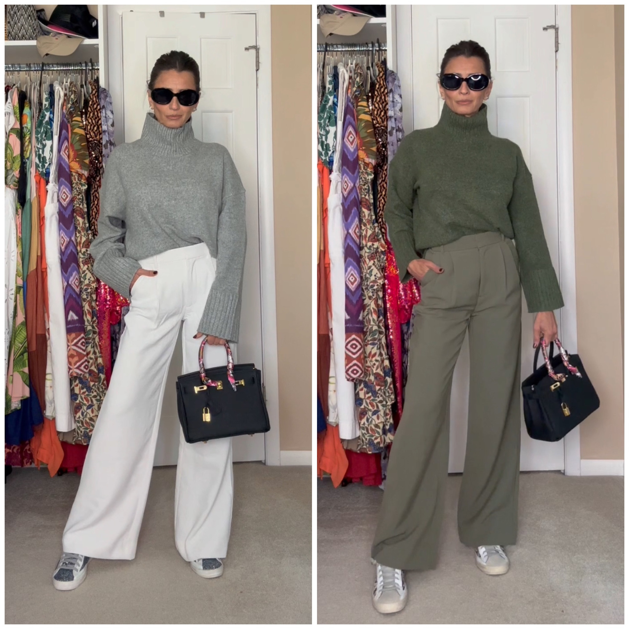 Two classic Fall looks! The oversized turtleneck sweater gives the style a relaxed look, but still chic. Sweater runs big. I am wearing XXS. I sized down.

The olive green pants  are the  Abercrombie classic Sloane tailored pants fit small on the waist so I sized up to a 25 regular. I’m 5’5” for reference. The winter white fits true to size. 

Sneakers are old P448 ones so I linked similar styles.

#LTKstyletip #LTKover40 #LTKfindsunder100