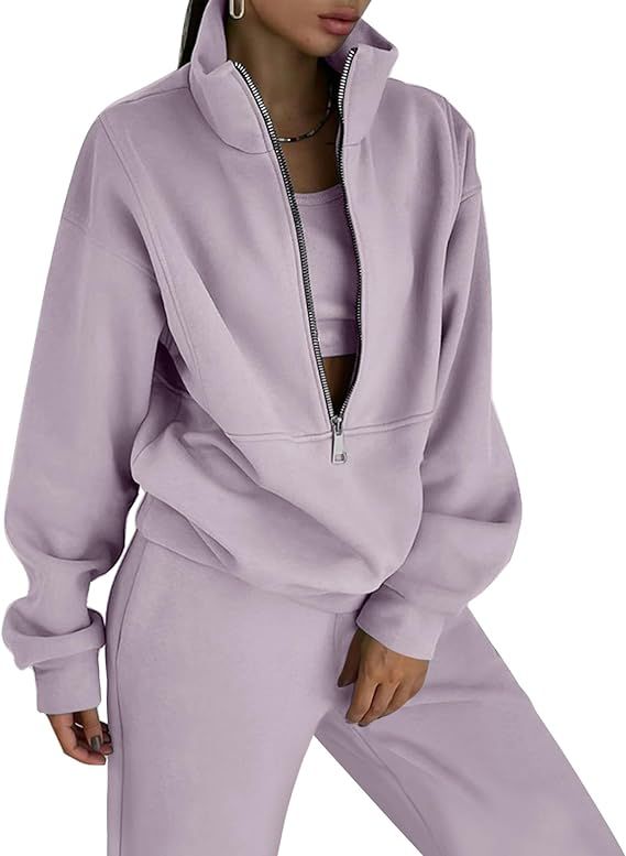 COZYPOIN Women's Fleece Two Piece Outfit Half Zip Sweatshirt And Joggers Pants Set Tracksuit | Amazon (US)