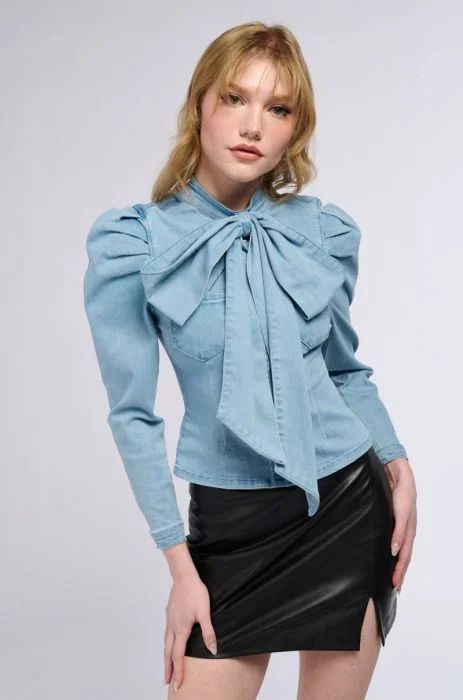 MISS INDEPENDENT DENIM LONG SLEEVE BLOUSE IN BLUE | AKIRA
