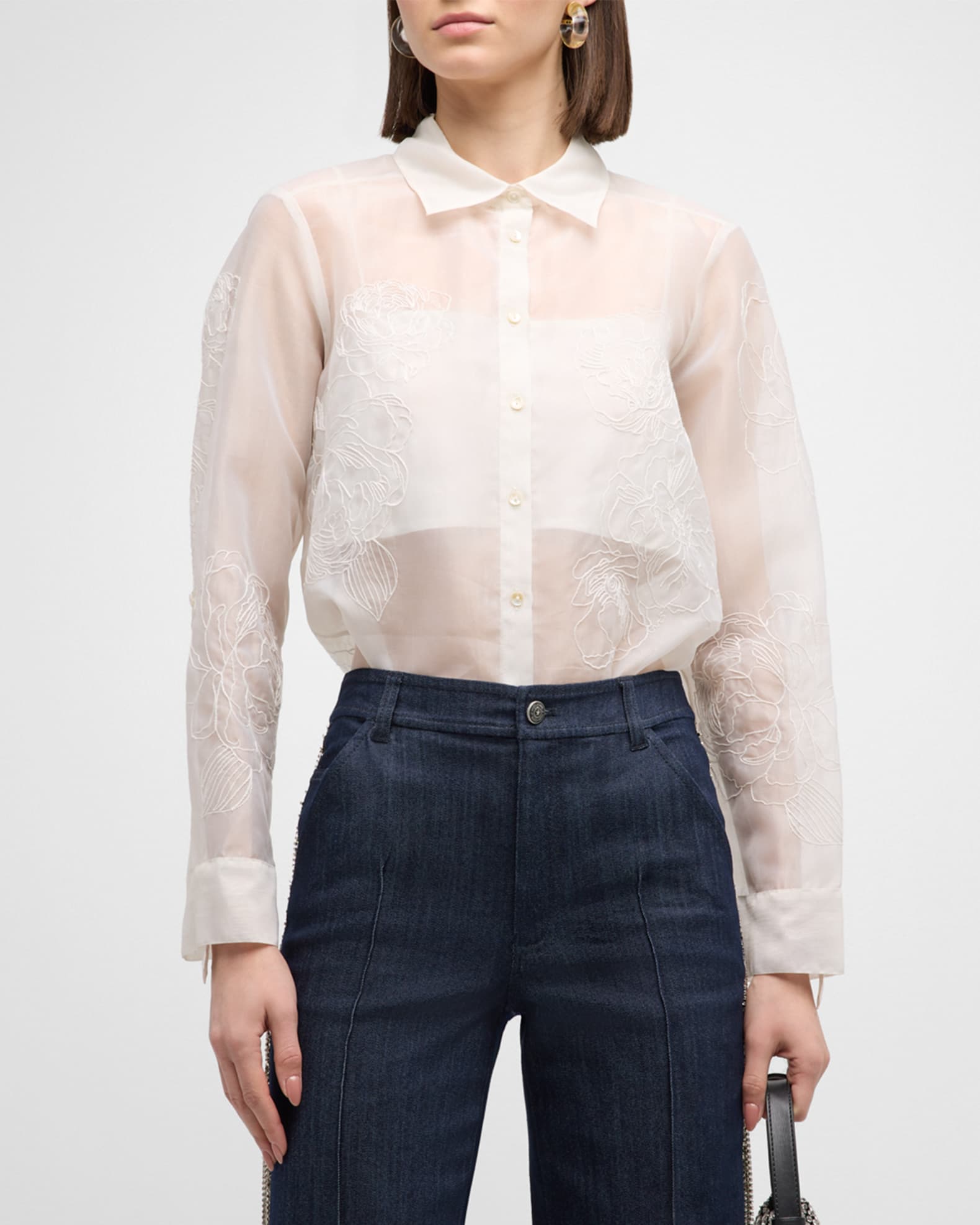 Luna Embroidered Organza Button-Front Shirt | Neiman Marcus