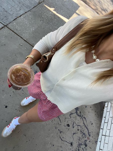 4/15/24 Boxer shorts outfit 🫶🏼 boxer shorts, red boxer shorts, red gingham boxer shorts, adidas Sambae sneakers, adidas sneakers outfit, red outfit details, cardigan sweater, spring outfits 2024, spring outfit inspo, spring fashion 2024, spring trends 