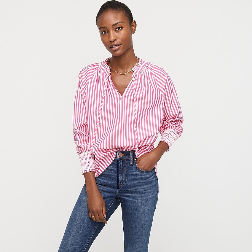 Smocked-cuff popover top in stripe | J. Crew US