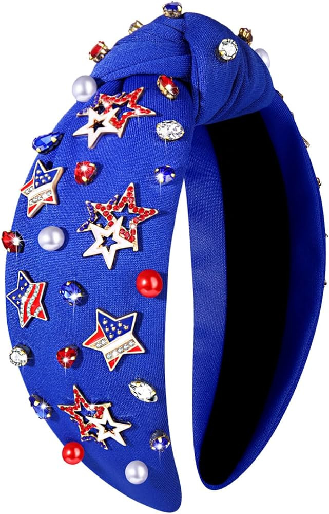 NVENF 4th of July Headbands, American Flag Star Headband Pearl Crystal Rhinestone Knotted Headban... | Amazon (US)