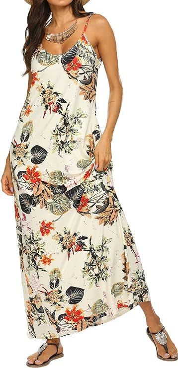 OURS Women's Summer Casual Floral Printed Bohemian Spaghetti Strap Floral Long Maxi Dress with Po... | Amazon (US)