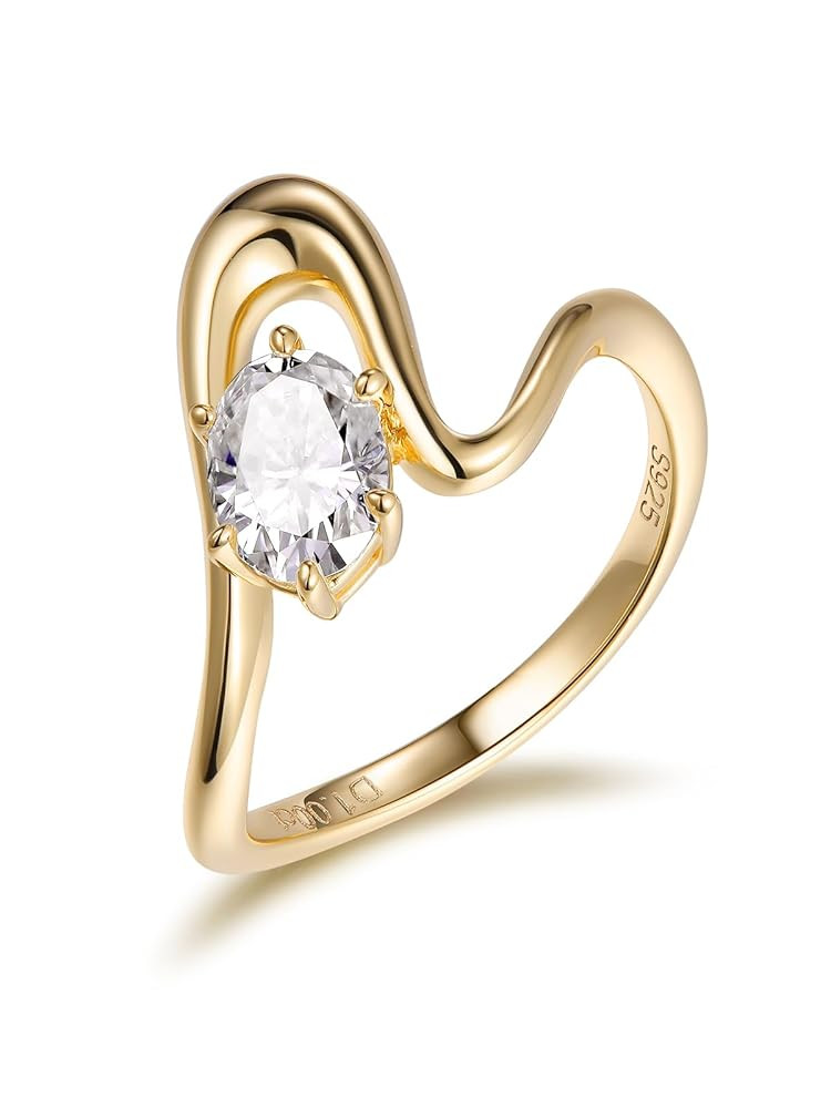 1 Carat Oval Cut Moissanite Novelty Wave Ring for Women, 925 Sterling Silver with 18K Yellow Gold... | Amazon (US)