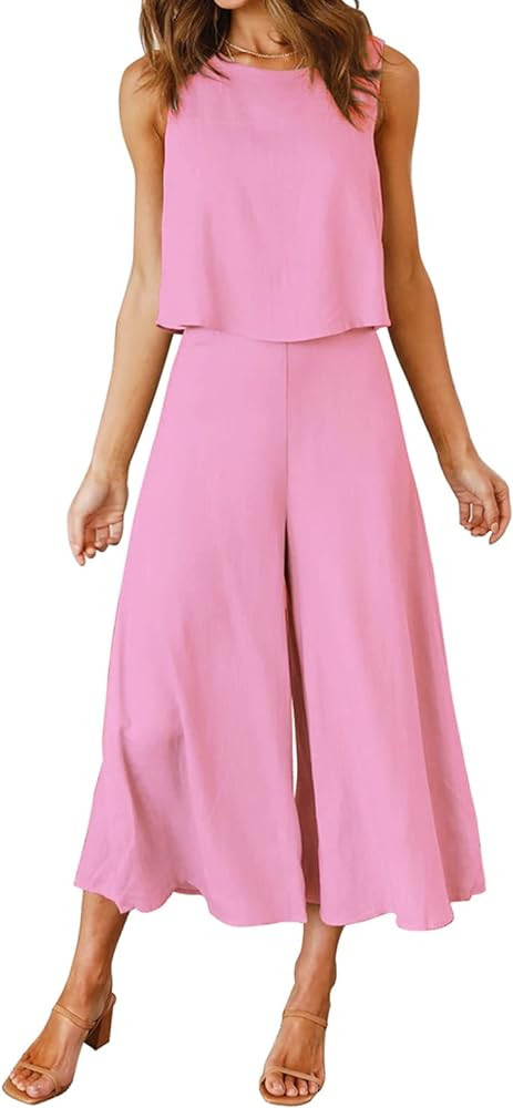ROYLAMP Women's Summer 2 Piece Outfits Round Neck Crop Basic Top Cropped Wide Leg Pants Set Jumps... | Amazon (US)