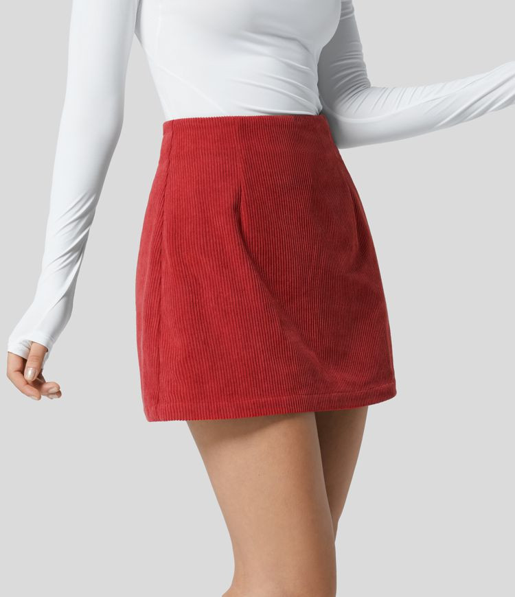 High Waisted Invisible Zipper 2-in-1 A Line Mini Corduroy Casual Skirt | HALARA