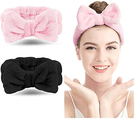 Spa Headband – 2 Pack Bow Hair Band Women Facial Makeup Head Band Soft Coral Fleece Head Wraps ... | Amazon (US)