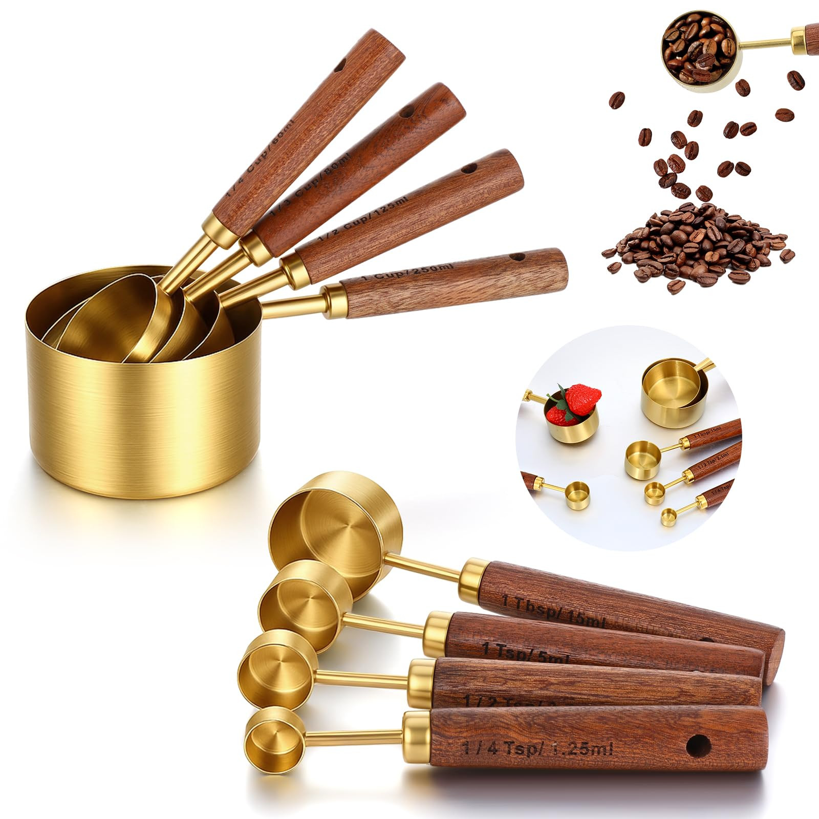 8Pcs Measuring Cups and Spoons Set, Gold Stainless Steel Measuring Cups with Wooden Handle, Nesti... | Amazon (US)