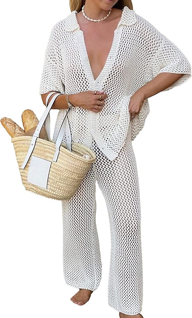 Famulily Womens Sexy Hollow Out Swimsuit Cover Up Crochet Net Beach Sets Button Down Shirt and Wi... | Amazon (US)