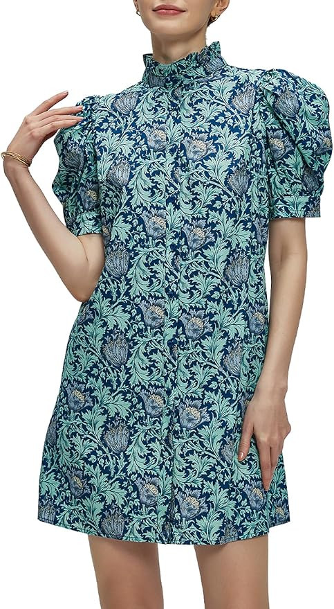 Ladyful Women's Summer Floral Dress Short Sleeve Button Down Shirt Mini Dress Ruffle Mock Neck Sh... | Amazon (US)