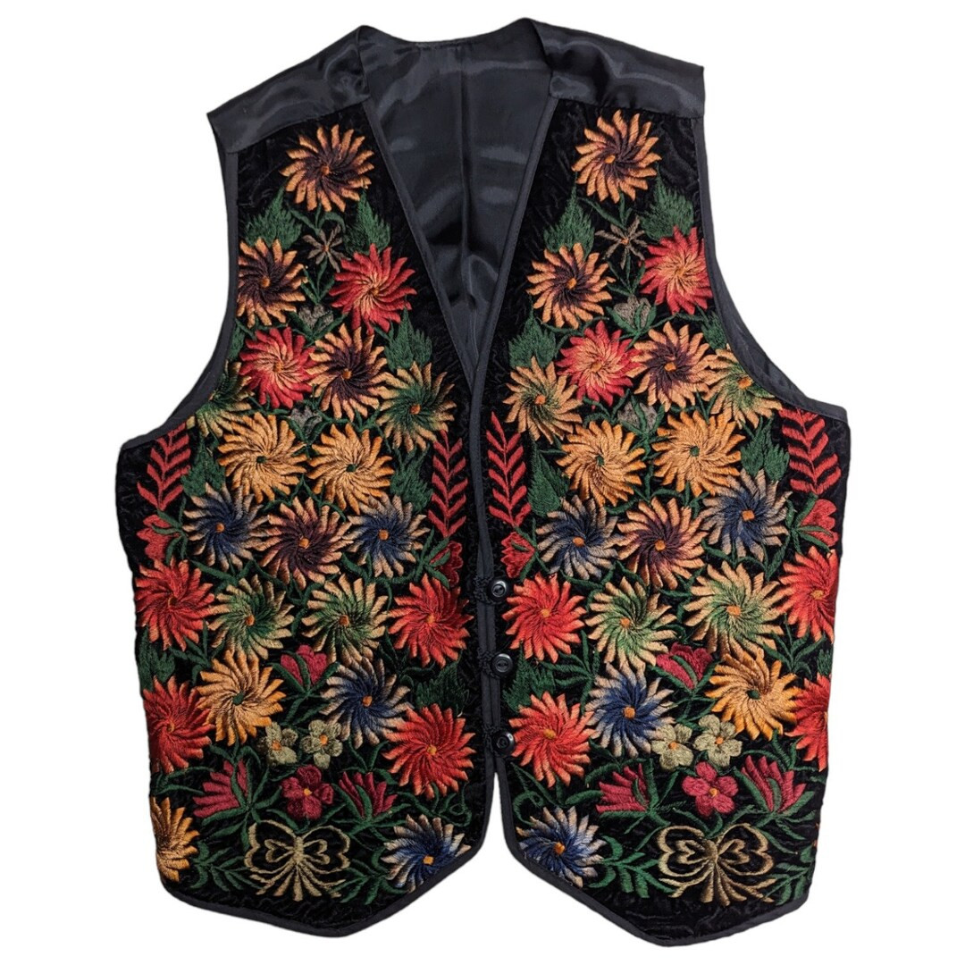 Vintage 1990s Folk Art Black Floral Embroidered Velvet Button Up Vest M 8 10 | Etsy (US)