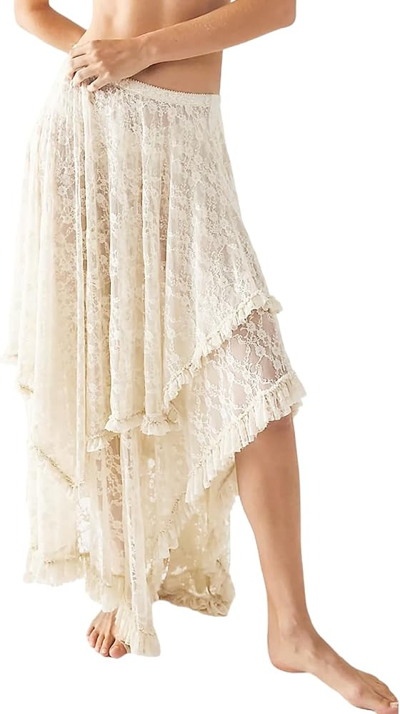 Arssm Women Long Lace Skirts Elastic Asymmetrical Layered Sexy See-Through Beach Floral Maxi Shee... | Amazon (US)