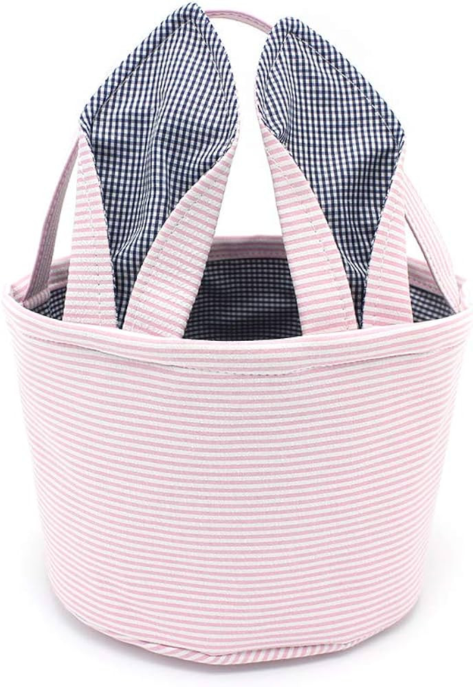 Easter Baskets Seersucker Easter Bunny Bag Bucket for Easter Egg Hunt Bunny Ears Design (Pink) | Amazon (US)