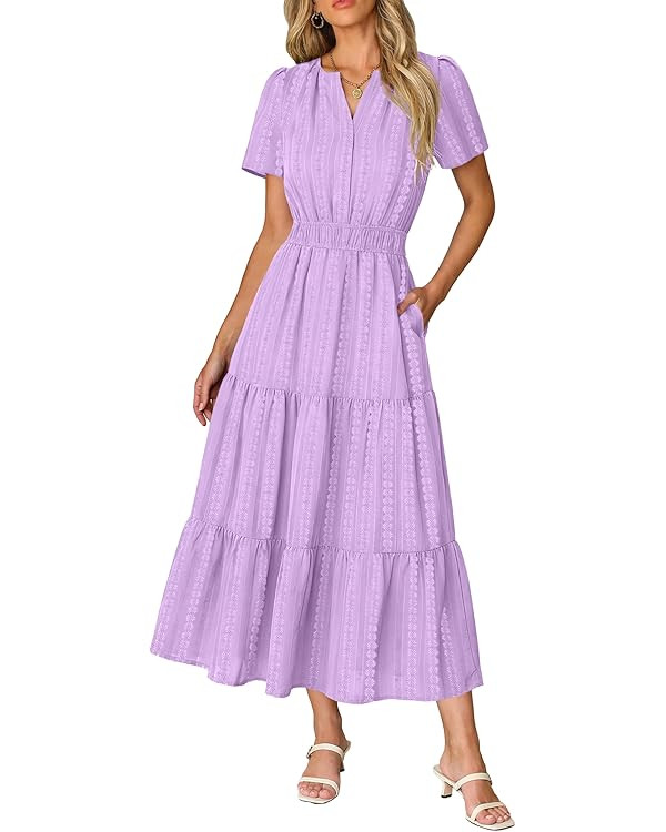 RUMIA Women Casual Midi Maxi Dresses Short Sleeve V Neck Elastic Waist Vacation Dress Pockets（S... | Amazon (US)