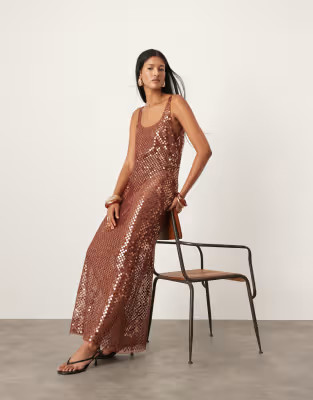 ASOS EDITION sheer disc sequin maxi raw edge tank dress in chocolate | ASOS (Global)