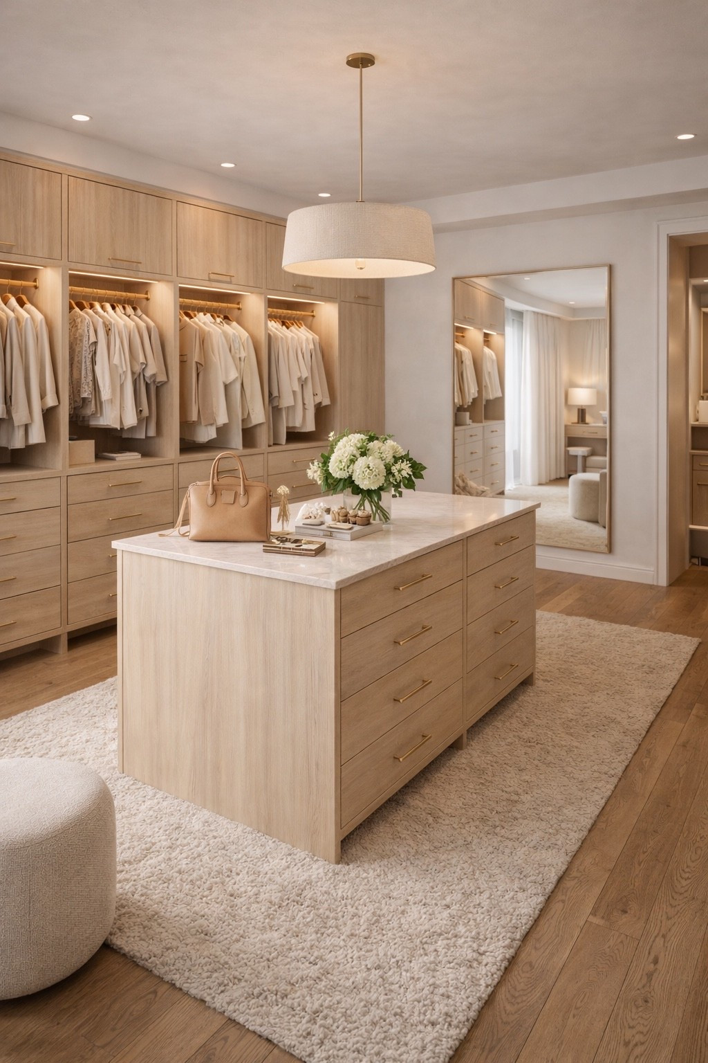 Elegant modern walk-in closet with a central island, light wood cabinetry and soft neutral tones. Minimal, cozy and perfectly organized space designed for a luxury lifestyle. Ideal inspiration for a modern dressing room, wardrobe storage and timeless interior design.

#walkincloset
#closetinspo
#moderncloset
#wardrobedesign
#neutralinterior
#luxuryhome
#homedecor
#interiorinspiration
#minimalinterior
#organizedhome
#ltkhome
