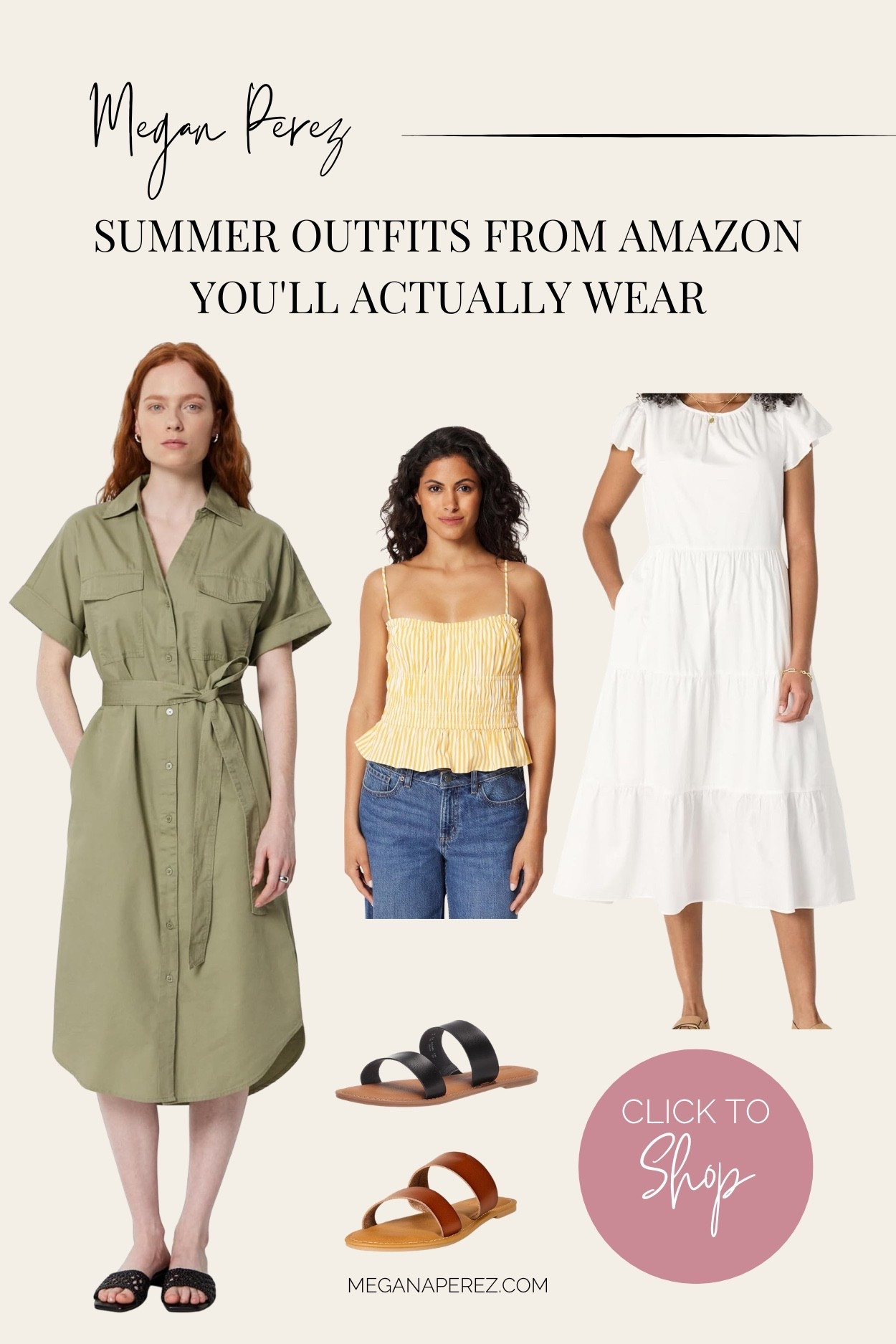 Looking for cute summer outfits that are actually wearable in real life? These Amazon fashion finds are casual, comfortable, and stylish — perfect for everyday mom life. A belted shirt dress, a striped yellow top, a flowy white midi dress, and sandals all from Amazon. Shop them all on my LTK! 👗

#LTKootd #LTKgrwm #LTKmomlife