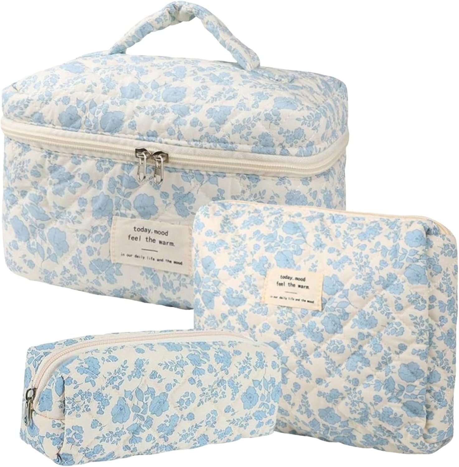 3 Pcs Cotton Quilted Makeup Bag Set,Floral Makeup Bag,Cute Makeup Bag,Travel Makeup Bag,Large Toi... | Amazon (US)