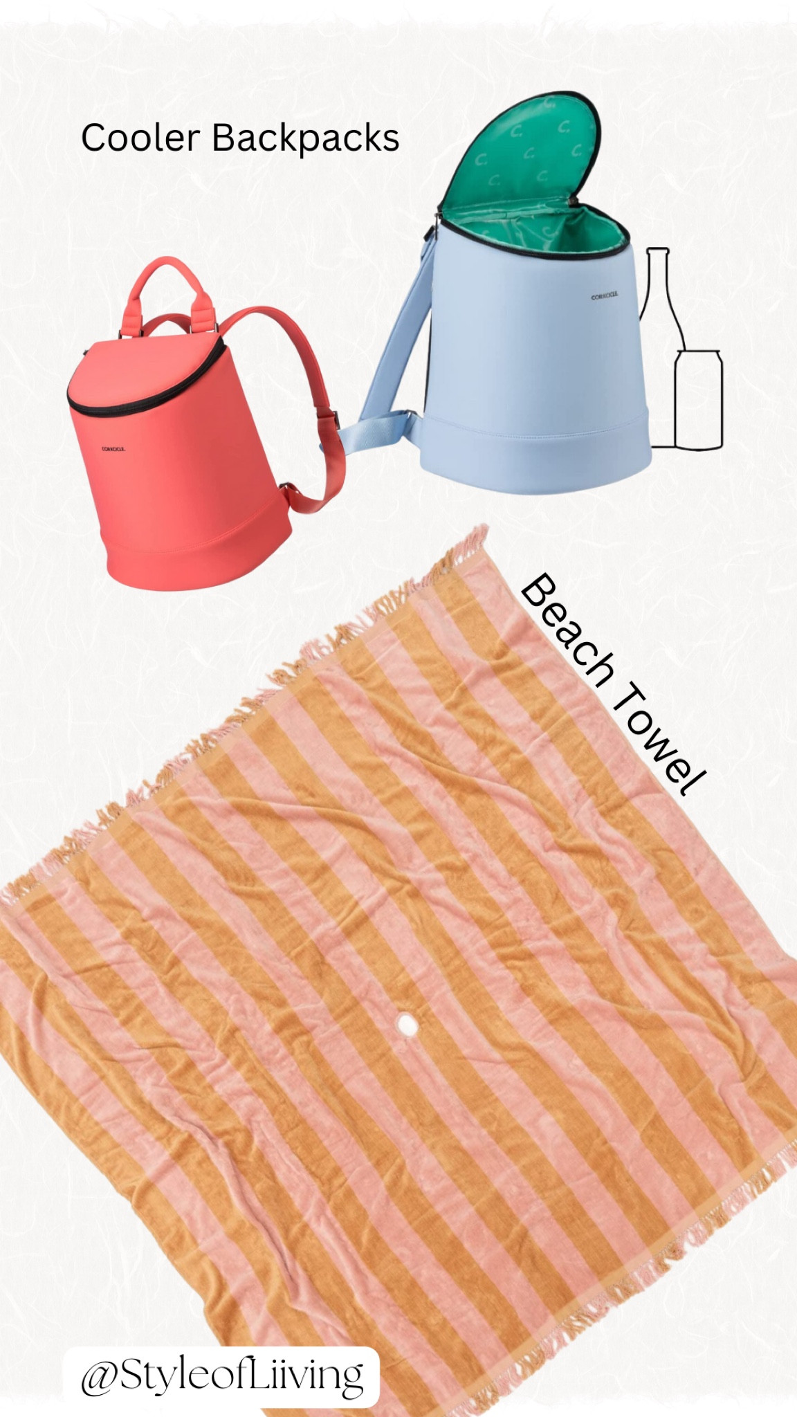 Beach towels, cooler backpacks. 

#LTKtravel #LTKSeasonal #LTKswim